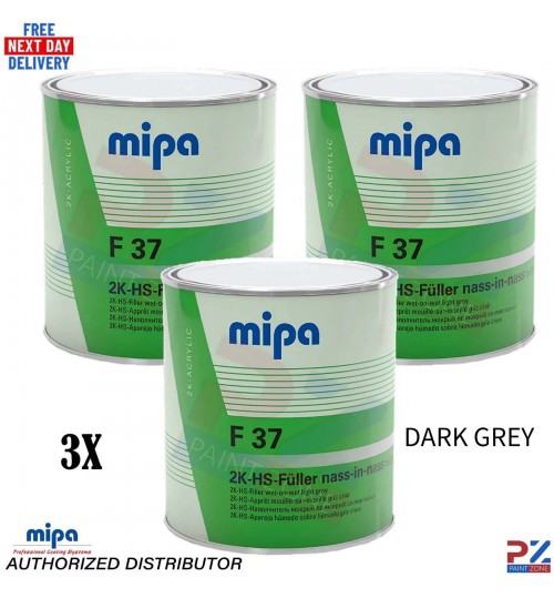 3x Mipa HS F37 2K Filler 3L – Dark Grey High Build Primer for Bodywork