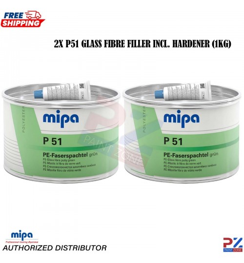 2X MIPA P51 Glass Fibre Car Body Filler 1KG – Waterproof + Hardener Included